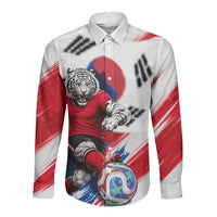 Personalized South Korea White Tiger Soccer Long Sleeve Button Shirt Fierce Football Mascot Korean Flag