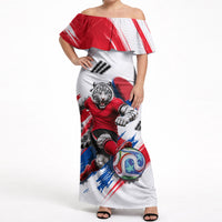 Personalized South Korea White Tiger Soccer Off Shoulder Maxi Dress Fierce Football Mascot Korean Flag