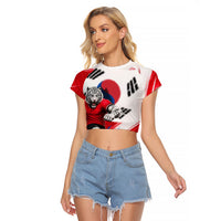 Personalized South Korea White Tiger Soccer Raglan Cropped T Shirt Fierce Football Mascot Korean Flag