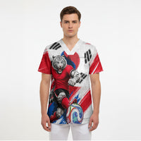 Personalized South Korea White Tiger Soccer Scrub Top Fierce Football Mascot Korean Flag