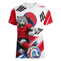 Personalized South Korea White Tiger Soccer Women V-Neck T-Shirt Fierce Football Mascot Korean Flag