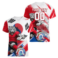 Personalized South Korea White Tiger Soccer Women V-Neck T-Shirt Fierce Football Mascot Korean Flag