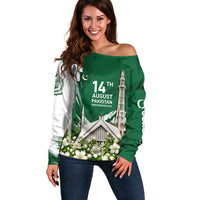 Pakistan Independence Day August 14 Off Shoulder Sweater Patriotic Markhor Heritage Landmarks And Jasmine