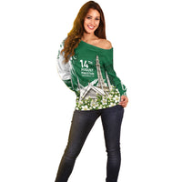 Pakistan Independence Day August 14 Off Shoulder Sweater Patriotic Markhor Heritage Landmarks And Jasmine