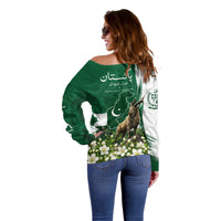 Pakistan Independence Day August 14 Off Shoulder Sweater Patriotic Markhor Heritage Landmarks And Jasmine