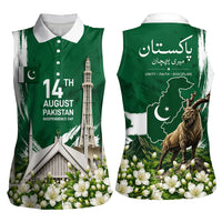 Pakistan Independence Day August 14 Women Sleeveless Polo Shirt Patriotic Markhor Heritage Landmarks And Jasmine