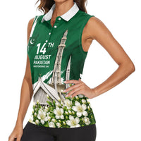 Pakistan Independence Day August 14 Women Sleeveless Polo Shirt Patriotic Markhor Heritage Landmarks And Jasmine