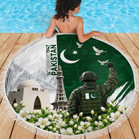Pakistan Independence Day Beach Blanket Patriotic Soldier Heritage Landmarks And Jasmine