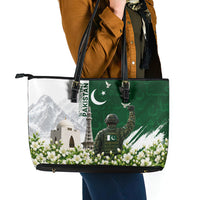 Pakistan Independence Day Leather Tote Bag Patriotic Soldier Heritage Landmarks And Jasmine