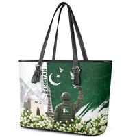 Pakistan Independence Day Leather Tote Bag Patriotic Soldier Heritage Landmarks And Jasmine