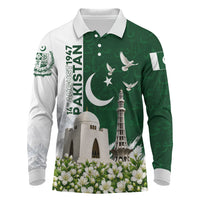 Pakistan Independence Day Long Sleeve Polo Shirt Patriotic Soldier Heritage Landmarks And Jasmine