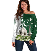 Pakistan Independence Day Off Shoulder Sweater Patriotic Soldier Heritage Landmarks And Jasmine