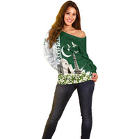 Pakistan Independence Day Off Shoulder Sweater Patriotic Soldier Heritage Landmarks And Jasmine