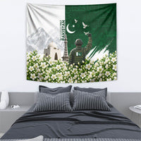 Pakistan Independence Day Tapestry Patriotic Soldier Heritage Landmarks And Jasmine