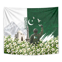 Pakistan Independence Day Tapestry Patriotic Soldier Heritage Landmarks And Jasmine