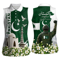 Pakistan Independence Day Women Sleeveless Polo Shirt Patriotic Soldier Heritage Landmarks And Jasmine