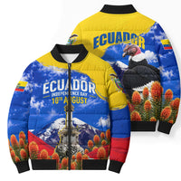 Ecuador Independence Day Bomber Puffer Jacket Patriotic Andean Condor Monument And Mountain