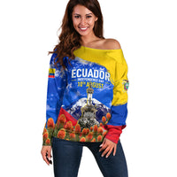 Ecuador Independence Day Off Shoulder Sweater Patriotic Andean Condor Monument And Mountain