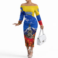 Ecuador Independence Day Off The Shoulder Long Sleeve Dress Patriotic Andean Condor Monument And Mountain