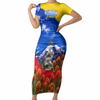 Ecuador Independence Day Short Sleeve Bodycon Dress Patriotic Andean Condor Monument And Mountain