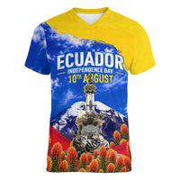 Ecuador Independence Day Women V-Neck T-Shirt Patriotic Andean Condor Monument And Mountain