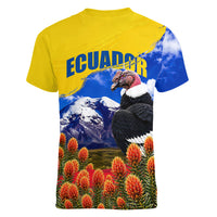 Ecuador Independence Day Women V-Neck T-Shirt Patriotic Andean Condor Monument And Mountain