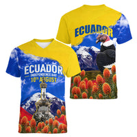 Ecuador Independence Day Women V-Neck T-Shirt Patriotic Andean Condor Monument And Mountain