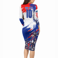 Personalized Croatia Marten Soccer Long Sleeve Bodycon Dress Croatian Flag Abstract Brush Stroke