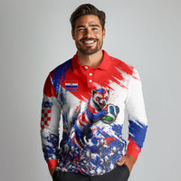 Personalized Croatia Marten Soccer Long Sleeve Polo Shirt Croatian Flag Abstract Brush Stroke
