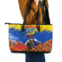 Ecuador Independence Day August 10 Leather Tote Bag Patriotic Heritage Virgin Statue And Soldier