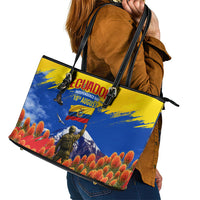 Ecuador Independence Day August 10 Leather Tote Bag Patriotic Heritage Virgin Statue And Soldier