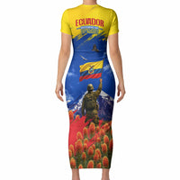 Ecuador Independence Day August 10 Short Sleeve Bodycon Dress Patriotic Heritage Virgin Statue And Soldier