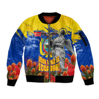 Ecuador Independence Day August 10 Sleeve Zip Bomber Jacket Patriotic Heritage Virgin Statue And Soldier