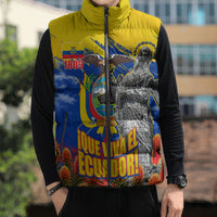 Ecuador Independence Day August 10 Sleeveless Puffer Jacket Patriotic Heritage Virgin Statue And Soldier