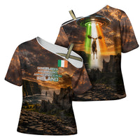 Ireland UFO Cross Shoulder Shirt Irish Landscape Answer The Call