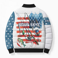 American Flag Fishing Bomber Puffer Jacket with Fishing Rods and Lures Watercolor Style Design - Wonder Print Shop