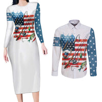 American Flag Fishing Couples Matching Long Sleeve Bodycon Dress and Long Sleeve Button Shirt with Fishing Rods and Lures Watercolor Style Design - Wonder Print Shop