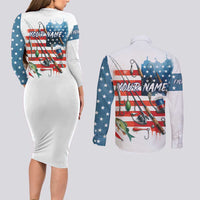 American Flag Fishing Couples Matching Long Sleeve Bodycon Dress and Long Sleeve Button Shirt with Fishing Rods and Lures Watercolor Style Design - Wonder Print Shop