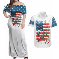 American Flag Fishing Couples Matching Off Shoulder Maxi Dress and Hawaiian Shirt with Fishing Rods and Lures Watercolor Style Design - Wonder Print Shop
