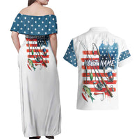American Flag Fishing Couples Matching Off Shoulder Maxi Dress and Hawaiian Shirt with Fishing Rods and Lures Watercolor Style Design - Wonder Print Shop