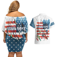 American Flag Fishing Couples Matching Off Shoulder Short Dress and Hawaiian Shirt with Fishing Rods and Lures Watercolor Style Design - Wonder Print Shop