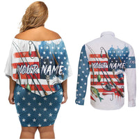 American Flag Fishing Couples Matching Off Shoulder Short Dress and Long Sleeve Button Shirt with Fishing Rods and Lures Watercolor Style Design - Wonder Print Shop