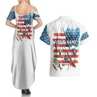 American Flag Fishing Couples Matching Summer Maxi Dress and Hawaiian Shirt with Fishing Rods and Lures Watercolor Style Design - Wonder Print Shop