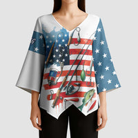 American Flag Fishing Kimono Sleeve Blouse with Fishing Rods and Lures Watercolor Style Design - Wonder Print Shop
