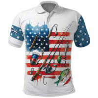American Flag Fishing Polo Shirt with Fishing Rods and Lures Watercolor Style Design - Wonder Print Shop