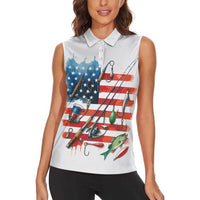 American Flag Fishing Women Sleeveless Polo Shirt with Fishing Rods and Lures Watercolor Style Design - Wonder Print Shop