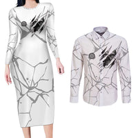 Dartboard Skull Darts Couples Matching Long Sleeve Bodycon Dress and Long Sleeve Button Shirt with Torn Stone Texture and Cracked Marble Design - Wonder Print Shop