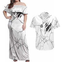 Dartboard Skull Darts Couples Matching Off Shoulder Maxi Dress and Hawaiian Shirt with Torn Stone Texture and Cracked Marble Design - Wonder Print Shop