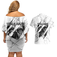 Dartboard Skull Darts Couples Matching Off Shoulder Short Dress and Hawaiian Shirt with Torn Stone Texture and Cracked Marble Design - Wonder Print Shop