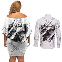 Dartboard Skull Darts Couples Matching Off Shoulder Short Dress and Long Sleeve Button Shirt with Torn Stone Texture and Cracked Marble Design - Wonder Print Shop